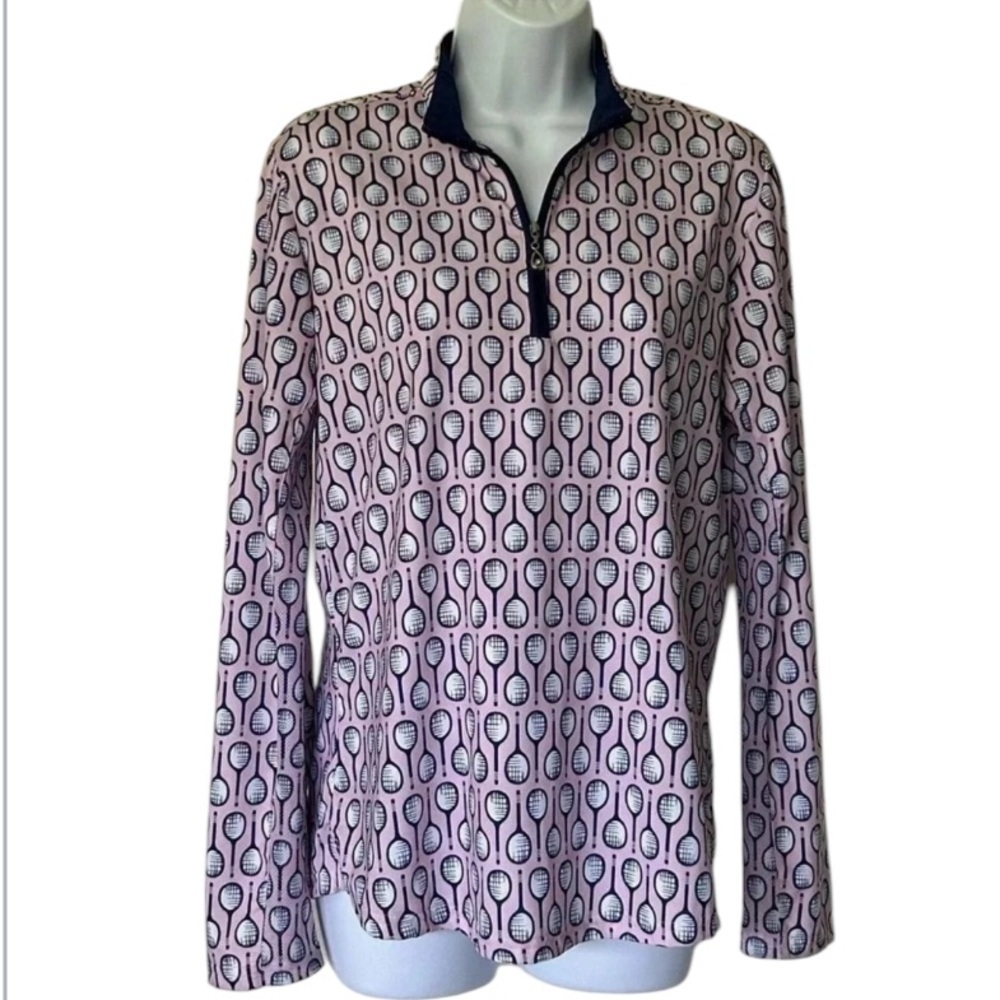 San Soleil UPF 50+ 1/4 zip top pink navy racket print tennis pickleball Size M